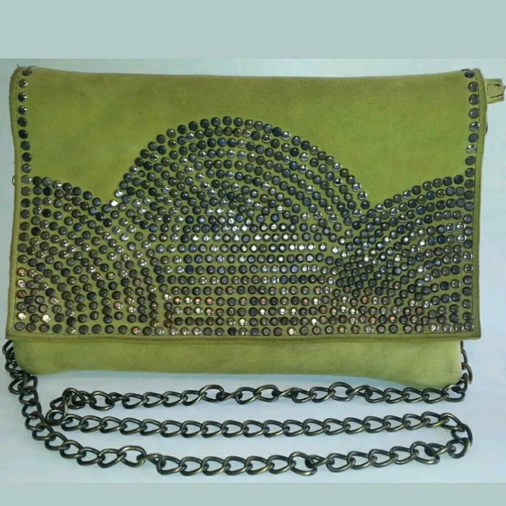 Rare Studded SUEDE Leather CLUTCH Handbag Chain Bag VINTAGE Bohemian Statement